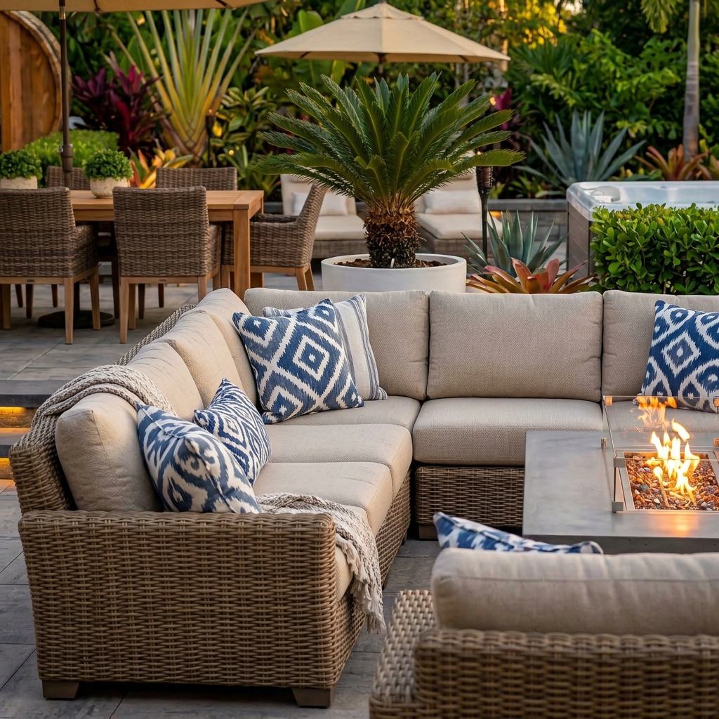 Close-up of a woven outdoor sectional sofa with patterned throw pillows beside a fire pit