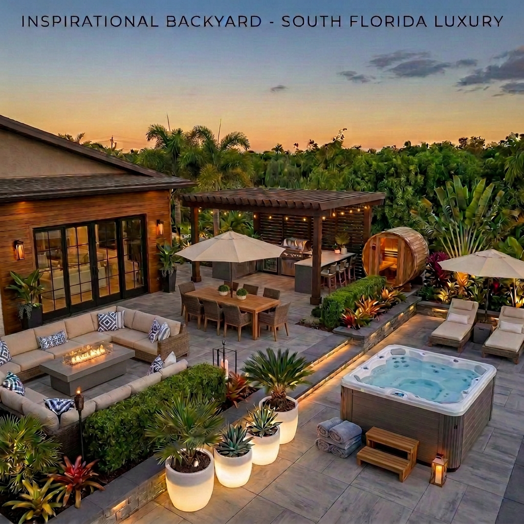 Luxury South Florida backyard at dusk with hot tub, sauna, outdoor kitchen, pergola and lounge seating