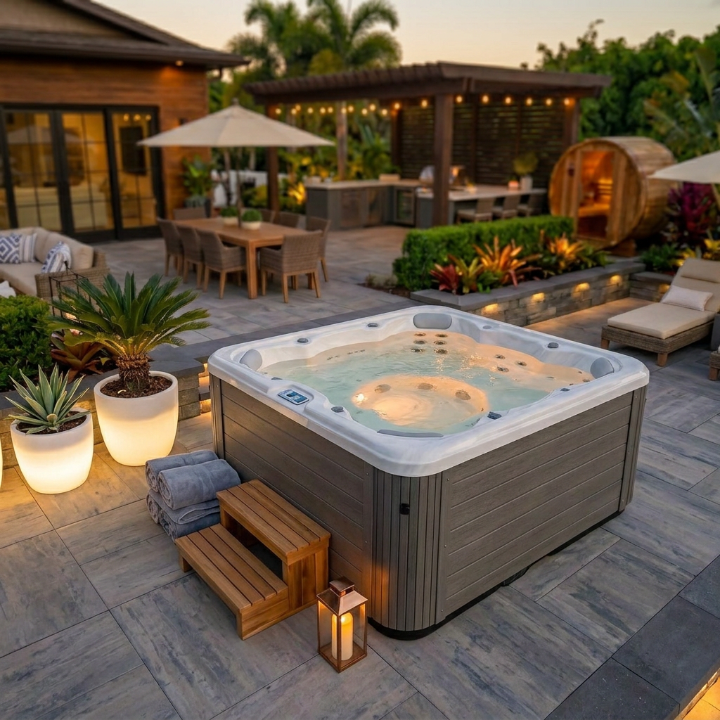 Close-up of a hot tub with wood-grain cabinet and integrated lighting on a stone patio