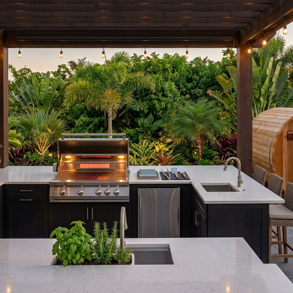 Close-up of a stainless steel outdoor kitchen grill and sink under a pergola