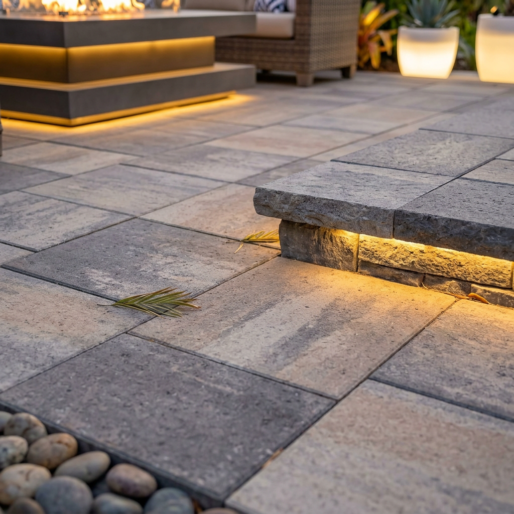 Close-up of stone pavers with integrated LED step lighting at dusk