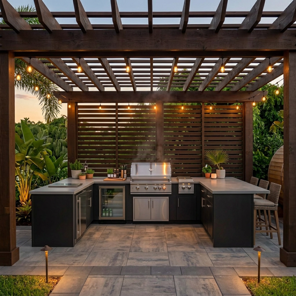 Wood pergola with string lights over an outdoor kitchen and bar seating