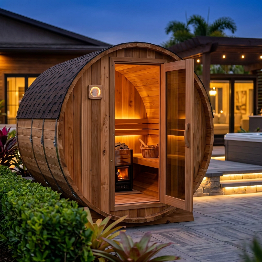 Close-up of a barrel-style outdoor cedar sauna with lit interior