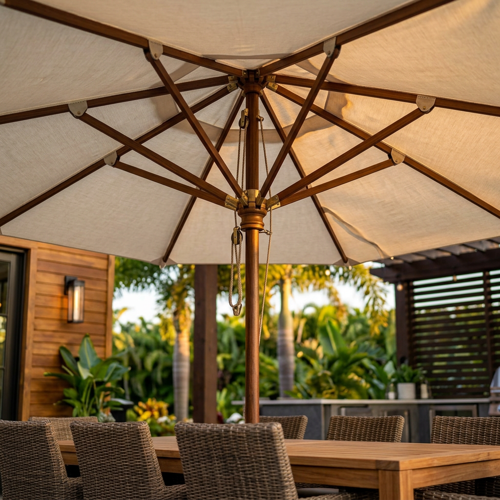 Close-up underside of a wooden-frame outdoor umbrella over a dining table